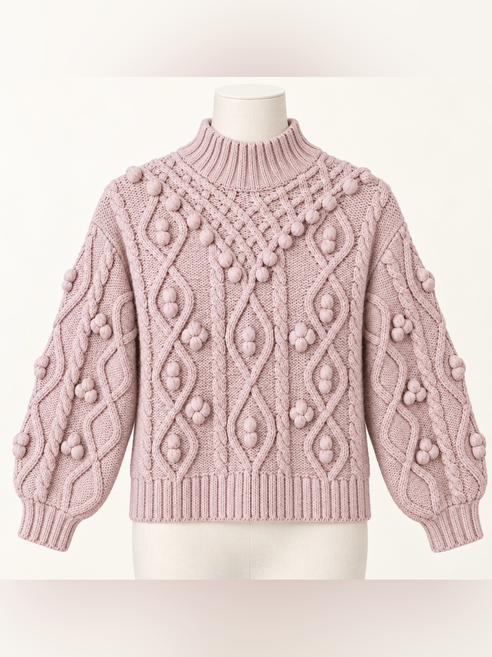 Zara Dusty Blush Pink Bobble Chunky Cable Textured Knit High Neck Sweater S